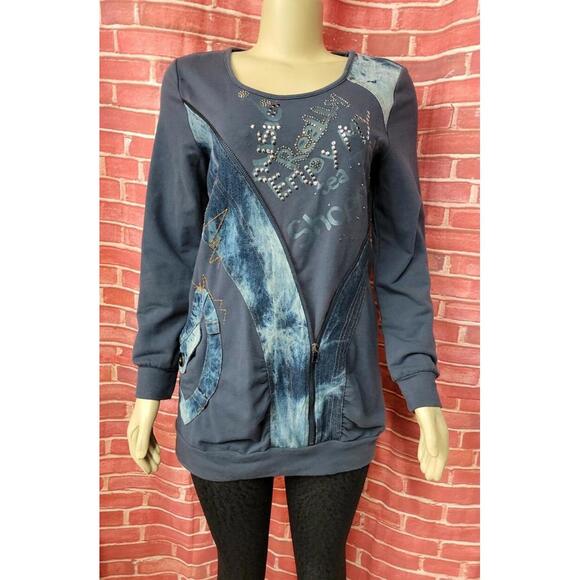 Tops - GHOLE, Made In France Size 3 RARE Womens Embellished Artwear Sweatshirt Navy #C6